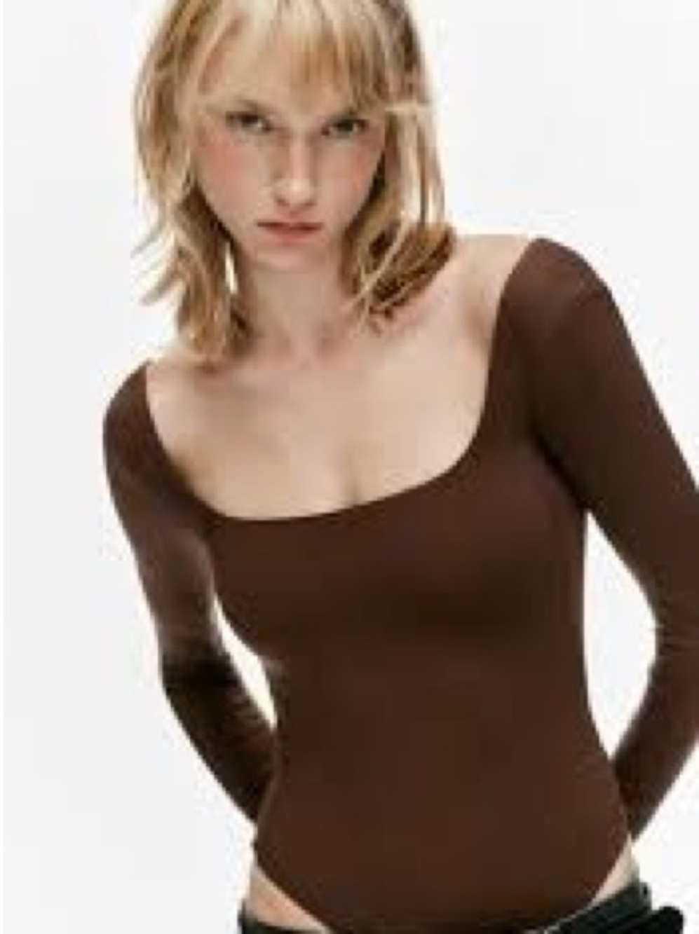 Zara Chocolate Brown Square-Neck Long-Sleeve Bodysuit Capsule Layering EUC M